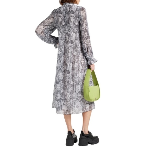 Ganni Floral Print Plisse Crepe de Chine Midi Dress Phantom Gray Size 36 NEW - Picture 3 of 16